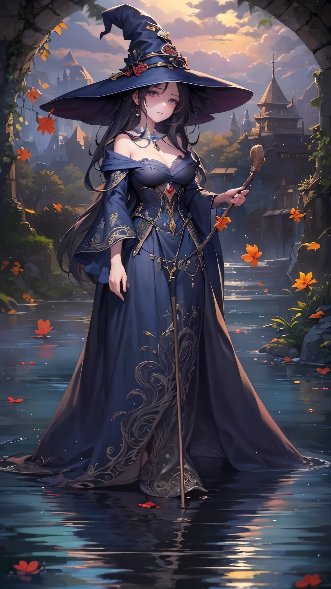 ((highest quality)),(Ultra-high resolution),(Very detailed),(Detailed Description),((The best CG)),(A masterpiece),Ultra-precise art,Amazing drawing art,(Fantasy art with intricate detail:1.5), (witch:1.6), river, The darkening sky,