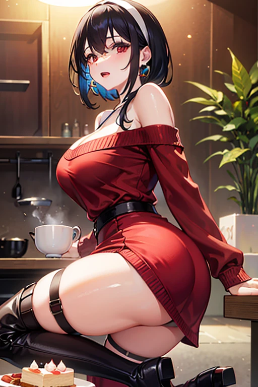 masterpiece, yor, 1girl, Amazing Cleavage:1.3, thin waist, big ass, Raised sexy, medium breast: 1.3 posed cleavage:1.2、solo, looking at viewer, open mouth, have a cup of coffee,black hair, red eyes, dress, bare shoulders, jewelry, collarbone, sidelocks, hairband, earrings, indoors, off shoulder, :o, sweater, arms behind back, plant, short hair with long locks, white hairband, off-shoulder dress, sweater dress, off-shoulder sweater, red sweater, big side hair, very long side hair,is rendered in (masterpiece: 1.2, best quality), with (ultra high resolution) and an exquisite (depth of field). This masterpiece is not only visually stunning but also tells, make of cooking some cakes ,in the kitchen,open mouth smile((leather thigh high boots))(garter belt),((black hair)),blush、surprised face,
