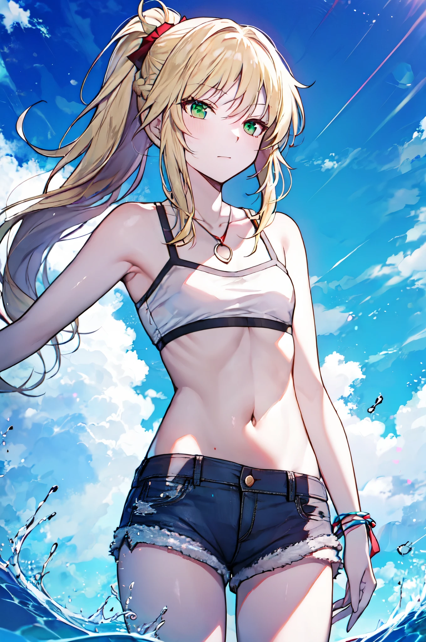 detailed, (masterpiece:1.2), (pale_skin), (solo:1.2), (female), (emphasis lines:1.3), slender, (blonde), outdoors, sky, green eyes, navel, ponytail, collarbone, denim_shorts, bracelets, (averting_eyes), (red_ribbon), park