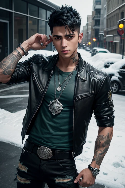 Eduardo Yañez 20-year-old boy with open black jacket, blue t-shirt with snow print, short black hair, punk style, yellow locks, black jeans, green eyes, black leather belt, silver buckle, slim muscular build, cross medallion, silver bracelet, looking straight at the viewer