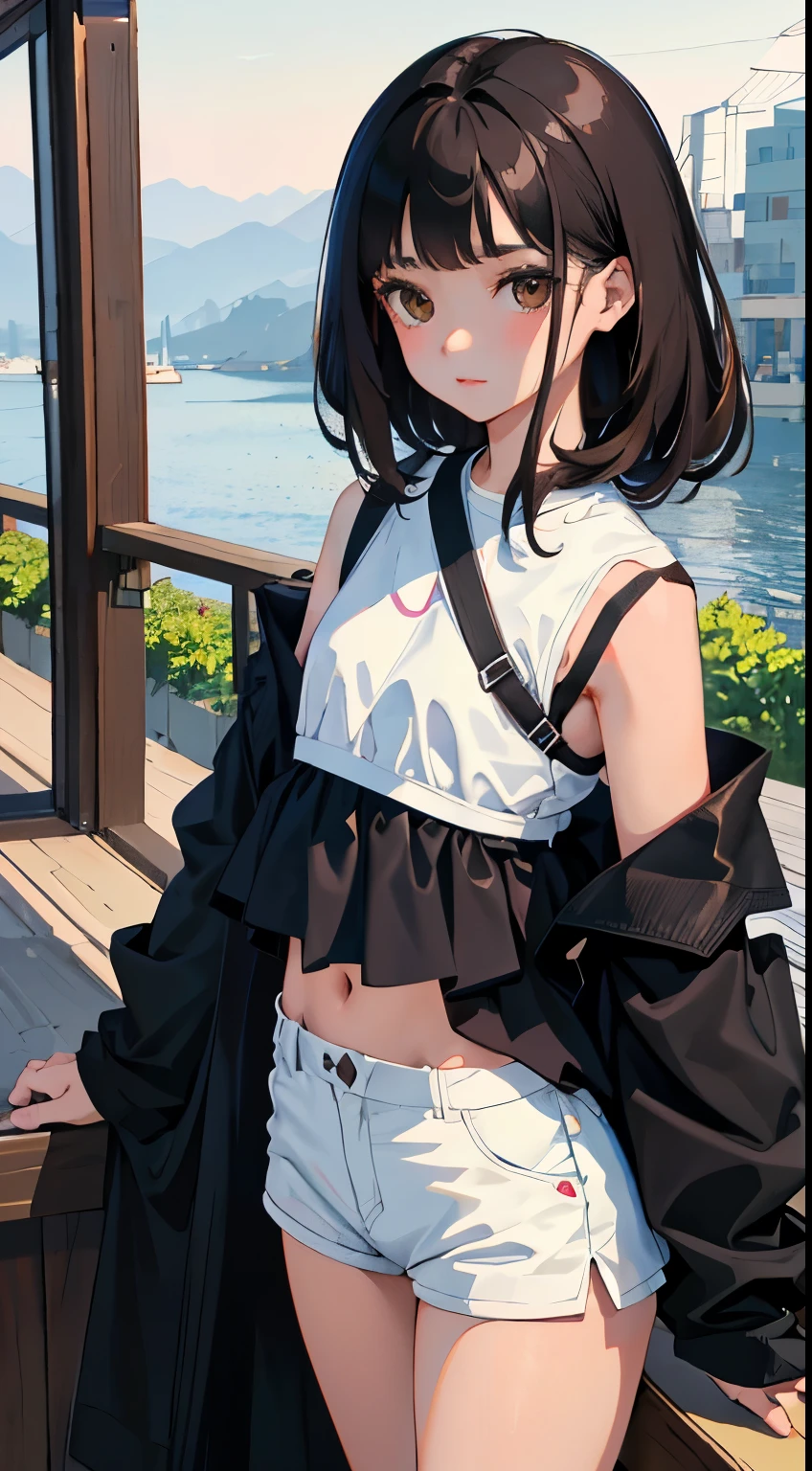 Overlooking，highest quality，Beautiful face in every detail，cute，Dark brown eyes，(背の低いcute女の子，***** young *******，Young delicate girl）,（masterpiece，Top quality)，Black Hair，Sleepy expression，Crop Top Look，Black Shirt，White shorts