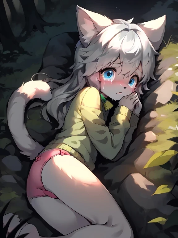anthro boy cat, long hair, cat tail, solo, furry, furry boy, 1boy, crying, scared, hands on face, (girly, young, gray fur, gray body, blue eyes, gray hair:1.2), (panties, green sweater, bow collar), (detailed background, forest, night, gray background), ((lying on their side, high-angle view))