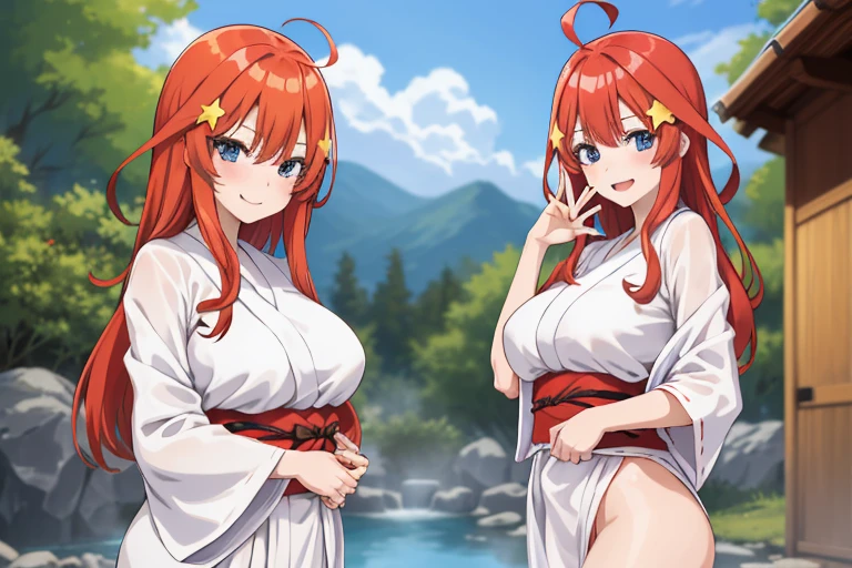 2d, masterpiece, best quality, anime, highly detailed, 5 girl, photo of 5 girl, quintuplets, nakano itsuki, red hair, long hair, star hair ornament, ahoge, large breasts, standing, onsen, open white yukata, outdoors, smile
