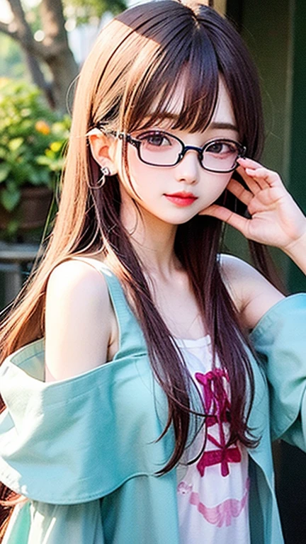 Glasses、Turquoise eyes、(highest quality, masterpiece), One girl, Pause, particle, Wind, flower, Upper Body, Simple Background, View your viewers, , Milky Way,smile、(See-through、pink、blouse)mysterious、(Silver Long Hair、Some have red hair)、Earrings、Twin taililky way、Crescent Moon、smile、Embarrassing
