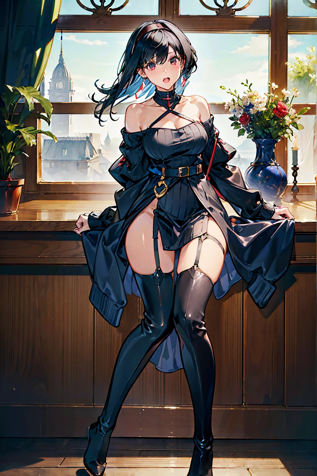 masterpiece, yor, 1girl, Amazing Cleavage:1.3, thin waist, big ass, Raised sexy, medium breast: 1.3 posed cleavage:1.2、solo, looking at viewer, open mouth, have a cup of coffee,black hair, red eyes, dress, bare shoulders, jewelry, collarbone, sidelocks, hairband, earrings, indoors, off shoulder, :o, sweater, arms behind back, plant, short hair with long locks, white hairband, off-shoulder dress, sweater dress, off-shoulder sweater, red sweater, big side hair, very long side hair,is rendered in (masterpiece: 1.2, best quality), with (ultra high resolution) and an exquisite (depth of field). This masterpiece is not only visually stunning but also tells, make of cooking some cakes ,in the kitchen,open mouth smile((leather thigh high boots))(garter belt),((black hair)),blush、surprised face,