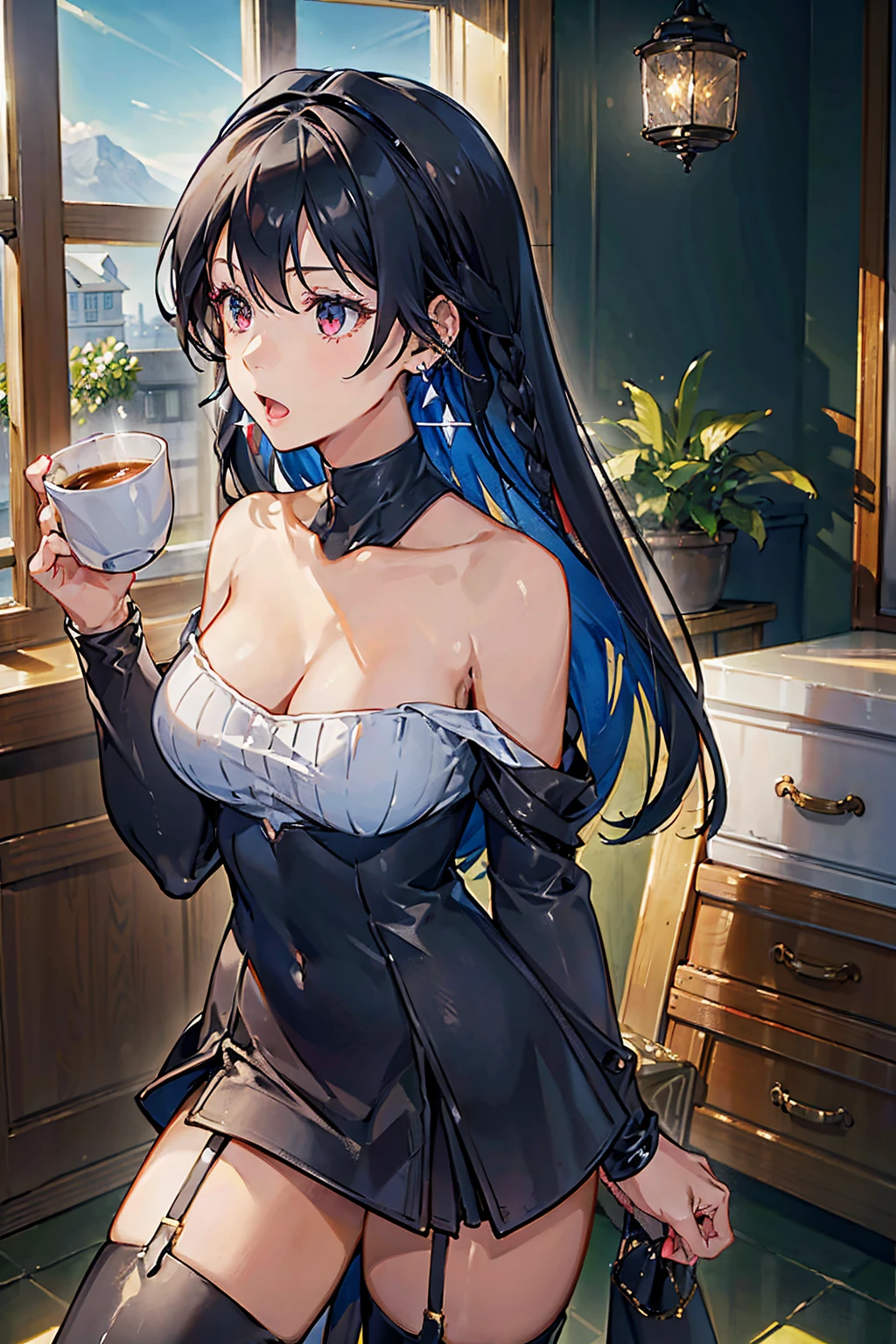 masterpiece, yor, 1girl, Amazing Cleavage:1.3, thin waist, big ass, Raised sexy, medium breast: 1.3 posed cleavage:1.2、solo, looking at viewer, open mouth, have a cup of coffee,black hair, red eyes, dress, bare shoulders, jewelry, collarbone, sidelocks, hairband, earrings, indoors, off shoulder, :o, sweater, arms behind back, plant, short hair with long locks, white hairband, off-shoulder dress, sweater dress, off-shoulder sweater, red sweater, big side hair, very long side hair,is rendered in (masterpiece: 1.2, best quality), with (ultra high resolution) and an exquisite (depth of field). This masterpiece is not only visually stunning but also tells, make of cooking some cakes ,in the kitchen,open mouth smile((leather thigh high boots))(garter belt),((black hair)),blush、surprised face,
