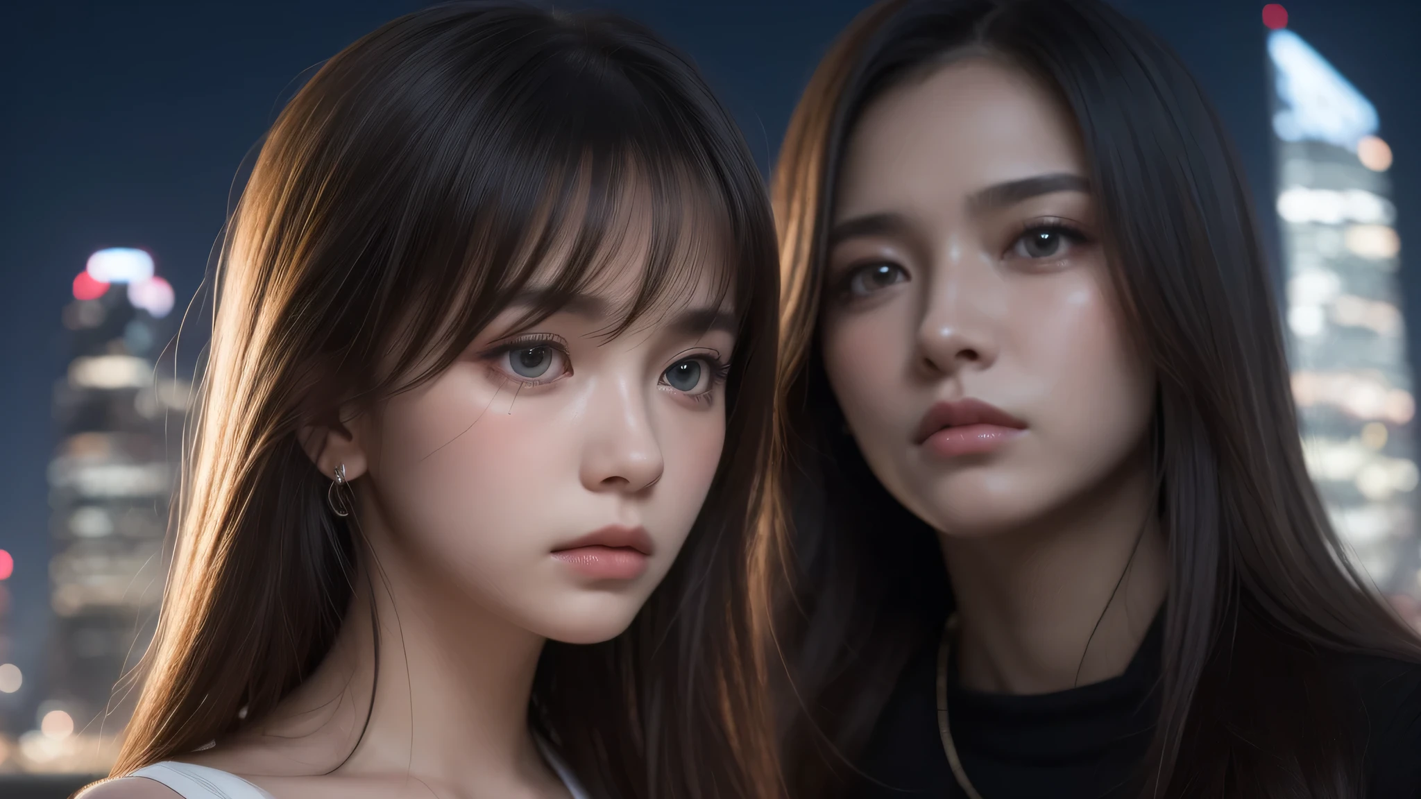 (1girl), (Best Quality:1.4), Realistic, extremely detailed CG unified 8k wallpaper, highly detailed, High-definition raw color photos, professional photography, Realistic portrait, Beautiful detailed, (Fine face:1.2), Close up portrait of girl, Outdoors, (night sky, night view, night view of skyscrapers), (expression of sadness, sad:1.3), with tears, side view