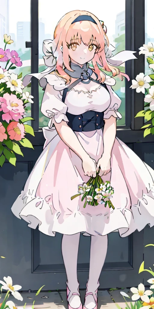 ((Roxanne)) ((woman dressed holding flowers and flowers near a store window)) 1girl, flower, solo (dog fluffy ears) [[orange hair]] pantyhose, bouquet, looking at viewer, black hairband, yellow eyes, dress, hair flower, holding a bouquet, standing, short sleeves, white footwear,(dress color:white, pink:1.4) yellow flower, selling flowers, scenery, night time, wall lamp, smile, pink flowers, blue flowers, cowboy shot, large breasts, small ribbon on flower as tie ((scenery)),(((scenery))),windy,(windy:1.3),(scenery),((scenery)),(((scenery)))