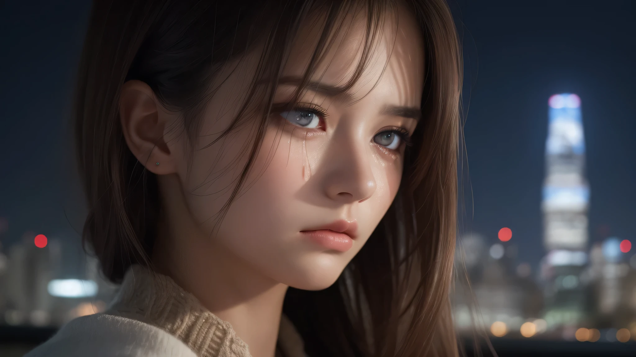 (1girl), (Best Quality:1.4), Realistic, extremely detailed CG unified 8k wallpaper, highly detailed, High-definition raw color photos, professional photography, Realistic portrait, Beautiful detailed, (Fine face:1.2), Close up portrait of girl, Outdoors, (night sky, night view, night view of skyscrapers), (expression of sadness, sad:1.3), with tears, side view