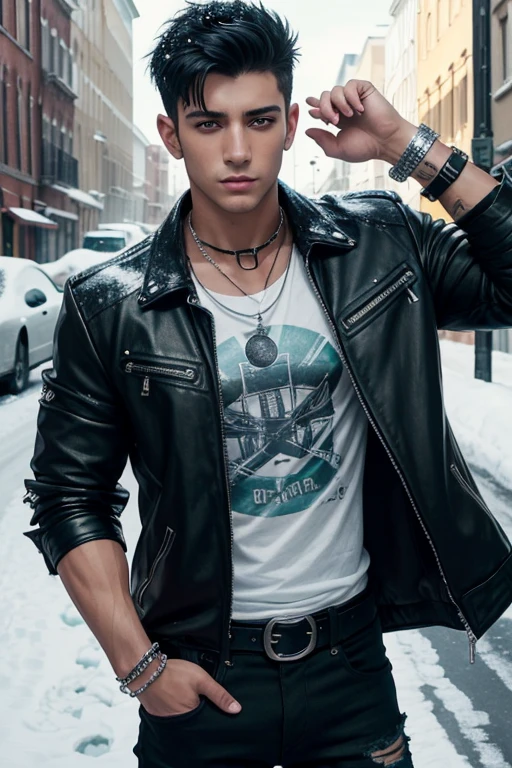Gabriel Soto 20-year-old boy with open black jacket, blue t-shirt with snow print, short black hair, punk style, yellow locks, black jeans, green eyes, black leather belt, silver buckle, slim muscular build, cross medallion, silver bracelet, looking straight at the viewer
