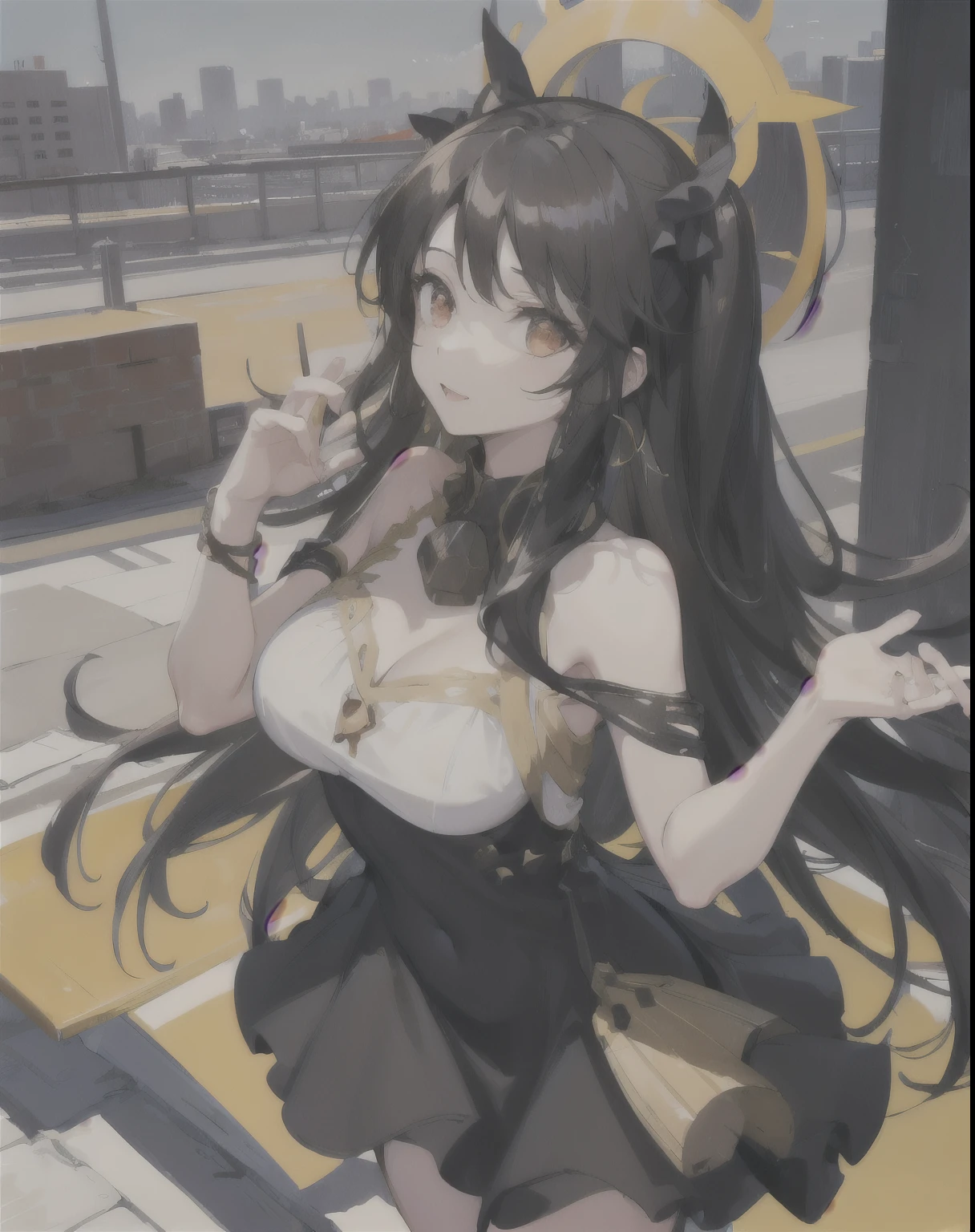 ishtar \(fate\), 1girl,solo, cowboy shot, large breasts,black_hair,((sundress:1.2)),outdoors,cityscape,