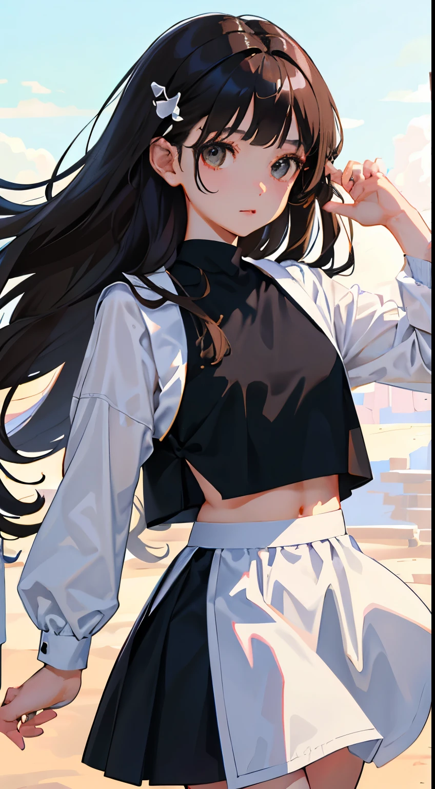 Overlooking，highest quality，Beautiful face in every detail，cute，Dark brown eyes，(背の低いcute女の子， young studeg delicate girl）,（masterpiece，Top quality)，Black Hair，Sleepy expression，Crop Top Look，Black Shirt，White shorts