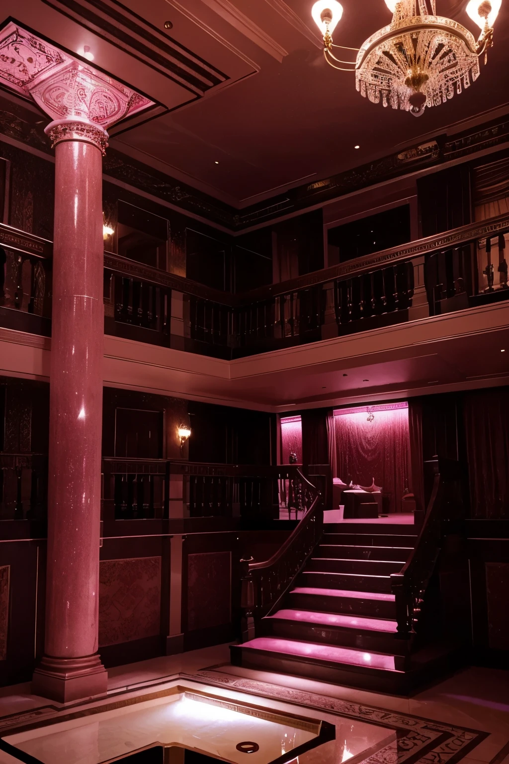 A huge expensive luxury brothel with a high ceiling, extravagant furniture, small stripper stages, large beds with pink silk bedding, a staircase, an atrium, a sex swing, a jacuzzi, a sunken pink Jello pit, erotic art, and mood lighting.