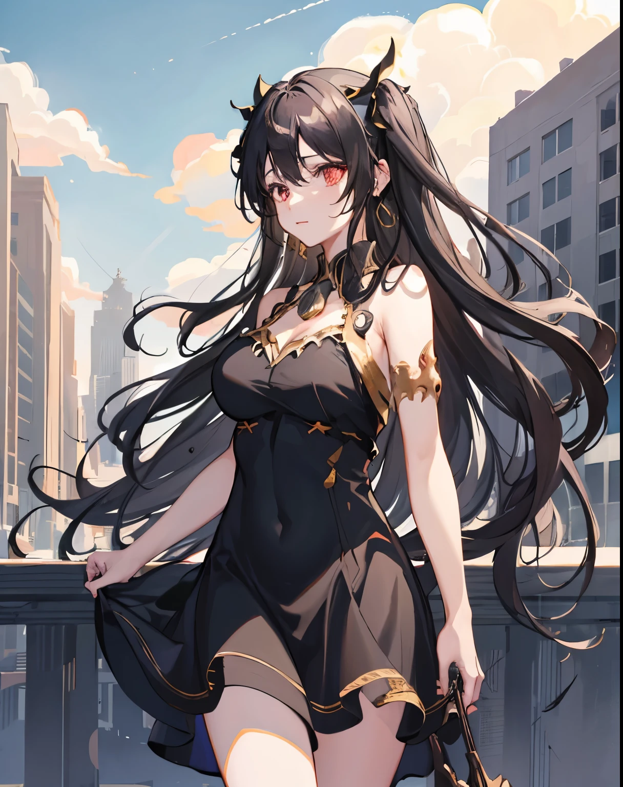 ishtar \(fate\), 1girl,solo,  cowboy shot, large breasts,black_hair,((sundress:1.2)),outdoors,cityscape,