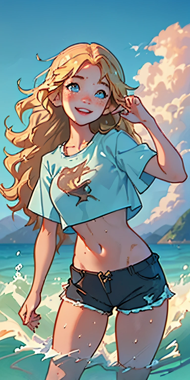 (curvy), (best quality, masterpiece), 1girl, paw pose, smile, laughing, ocean, crop top, shorts, blonde, freckles, blush, looking at viewer, wavy hair, cloud, splashing, waves, sun, mountain, wet