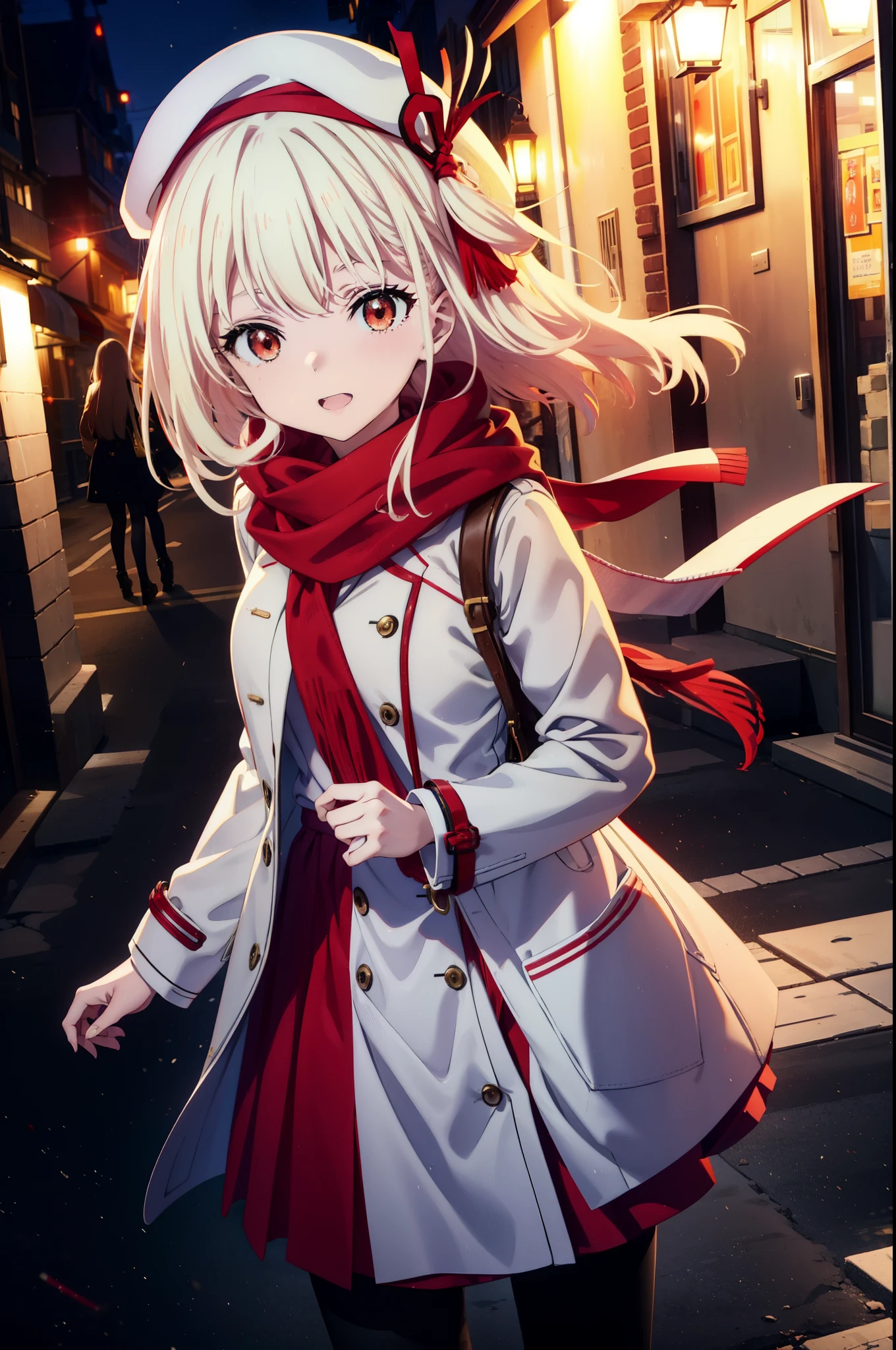 chisatonishikigi, nishikigi chisato,Long Hair , bangs, blonde, (Red eyes:1.5),happy smile, smile, Open your mouth,White knit hat,White Coat,Red Scarf,White Sweater,Hands in coat pockets,Long skirt,Black pantyhose,short boots,Shirogane World,Snow is piling up,it&#39;s snowing,it&#39;s snowing,winter,Cold Sky,morning,morning陽,The sun is rising,
break looking at viewer, whole body, Upper Body,(Cowboy Shot:1. 5)
break outdoors, c that y,Building Street,
break (masterpiece:1.2), highest qualそれy, High resolution, unそれy 8k wallpaper, (shape:0.8), (Beautiful and beautiful eyes:1.6), Highly detailed face, Perfect lighting, Extremely detailed CG, (Perfect hands, Perfect Anatomy),