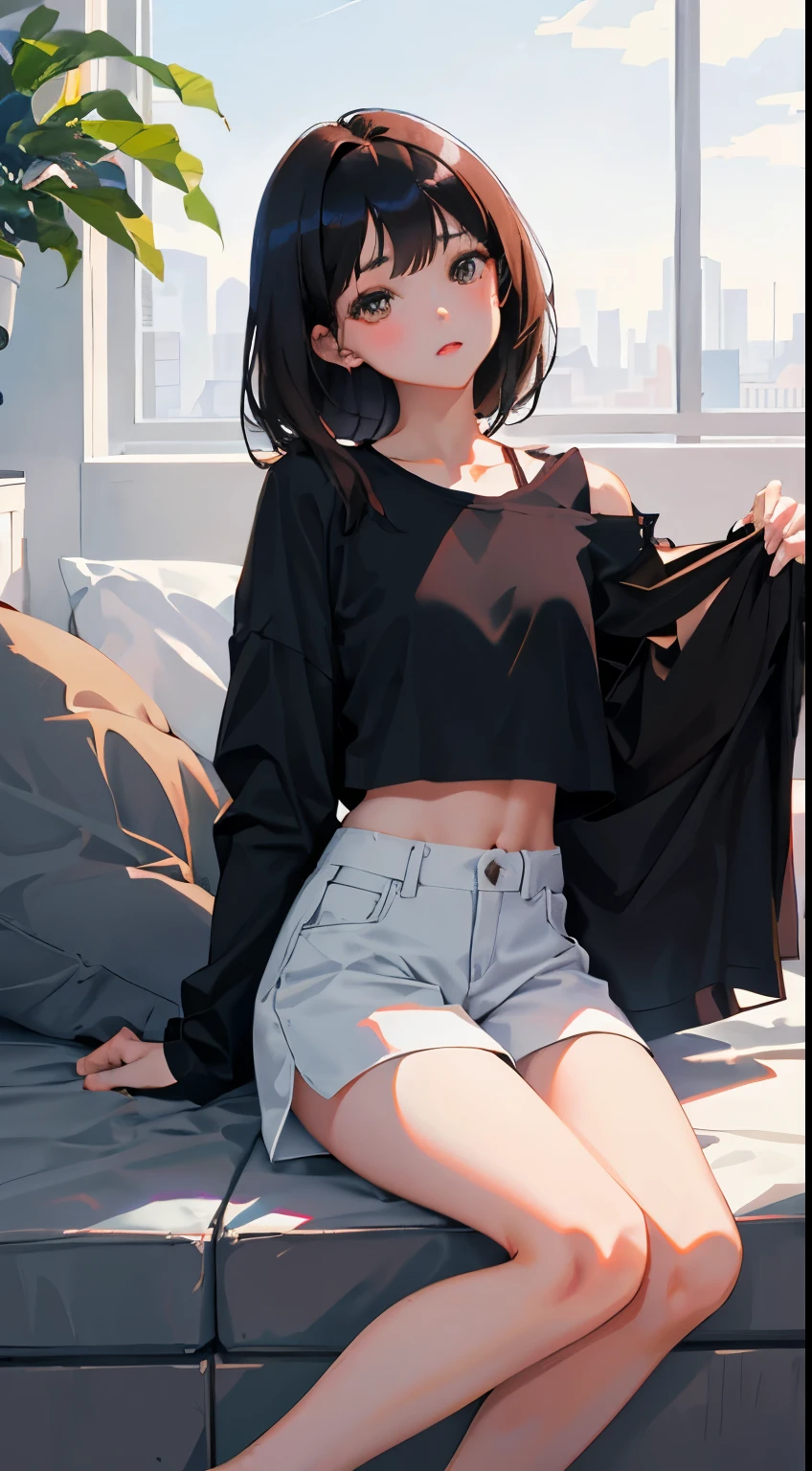Overlooking,highest quality,Beautiful face in every detail,cute,Dark brown eyes,(背の低いcute女の子,Small young student,Young delicate girl),(masterpiece,Top quality),Black Hair,Sleepy expression,Crop Top Look,Black Shirt,White shorts