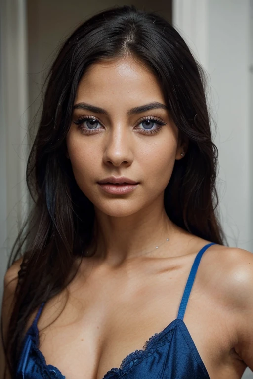 A Latina woman with sensual blue eyes. Her hair would likely be dark and luxurious, contrasting beautifully with the vibrant color of her eyes. Dark skin, reflecting her Latin roots. With delicate and expressive features, her blue eyes would highlight an intense and captivating look. Her beauty would reflect a unique combination of Latin features and striking features, making her truly memorable.