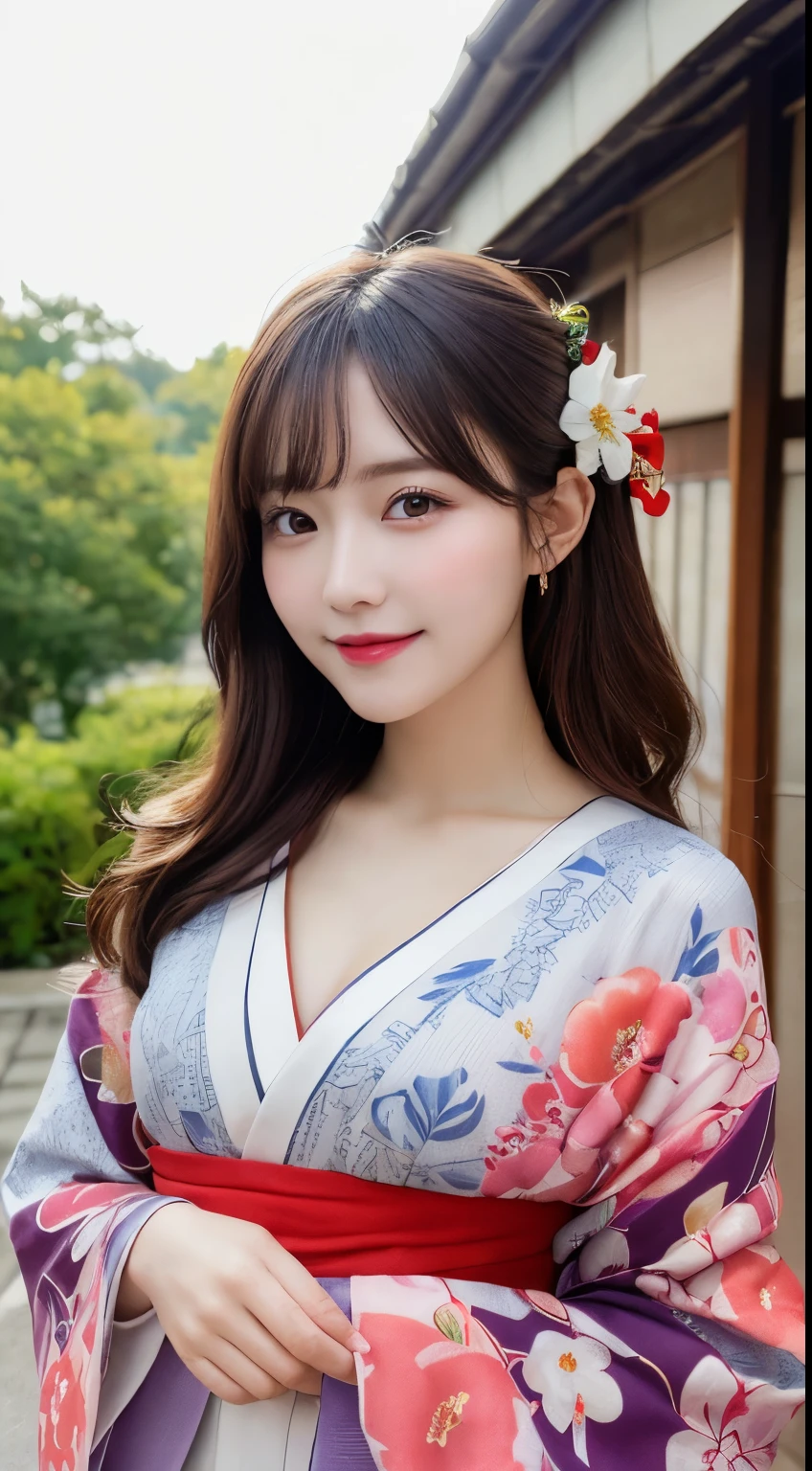 whole body, highest quality, figure, Very detailed, In detail, High resolution, 8k wallpaper, Perfect dynamic composition, Beautiful fine details, kimono,Medium Hair, Center of chest, Natural color lip, Random sexy poses,smile,shrine,Flower Hair Ornaments,looking at the camera,