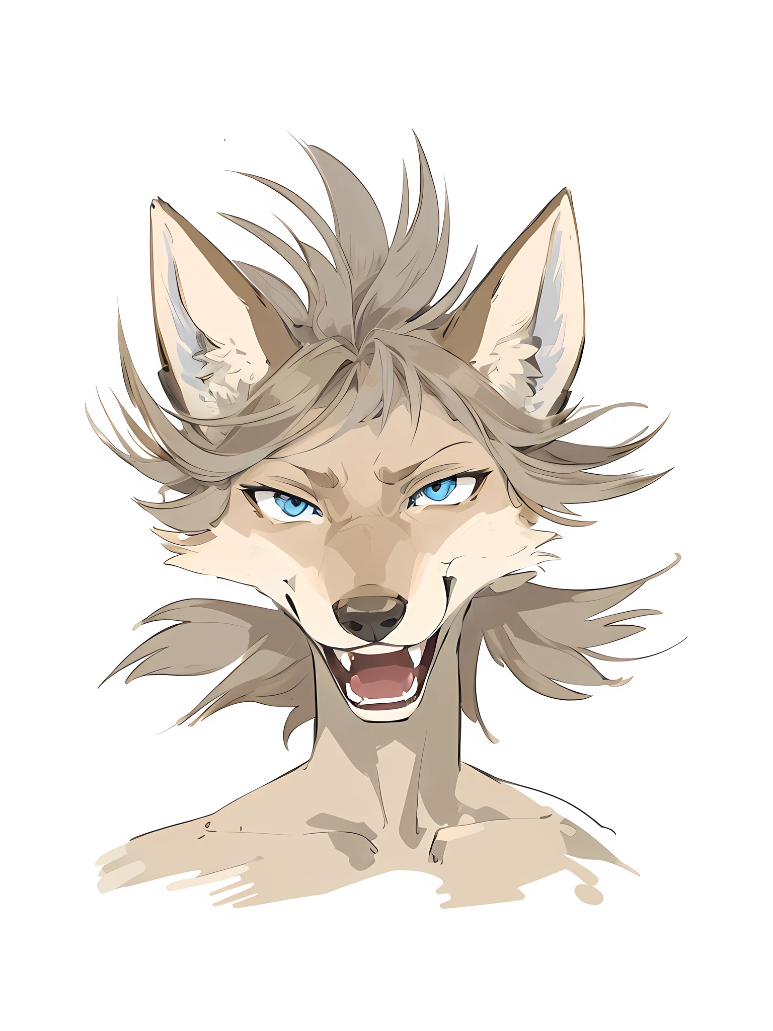 masterpiece, best quality, perfect anatomy,  anthropomorphic female coyote, expressive eyes, animal face, light coat color, portrait, cheeky smile, small fangs, blue eyes, disheveled brown hair, clear lines, high detail, anime style.