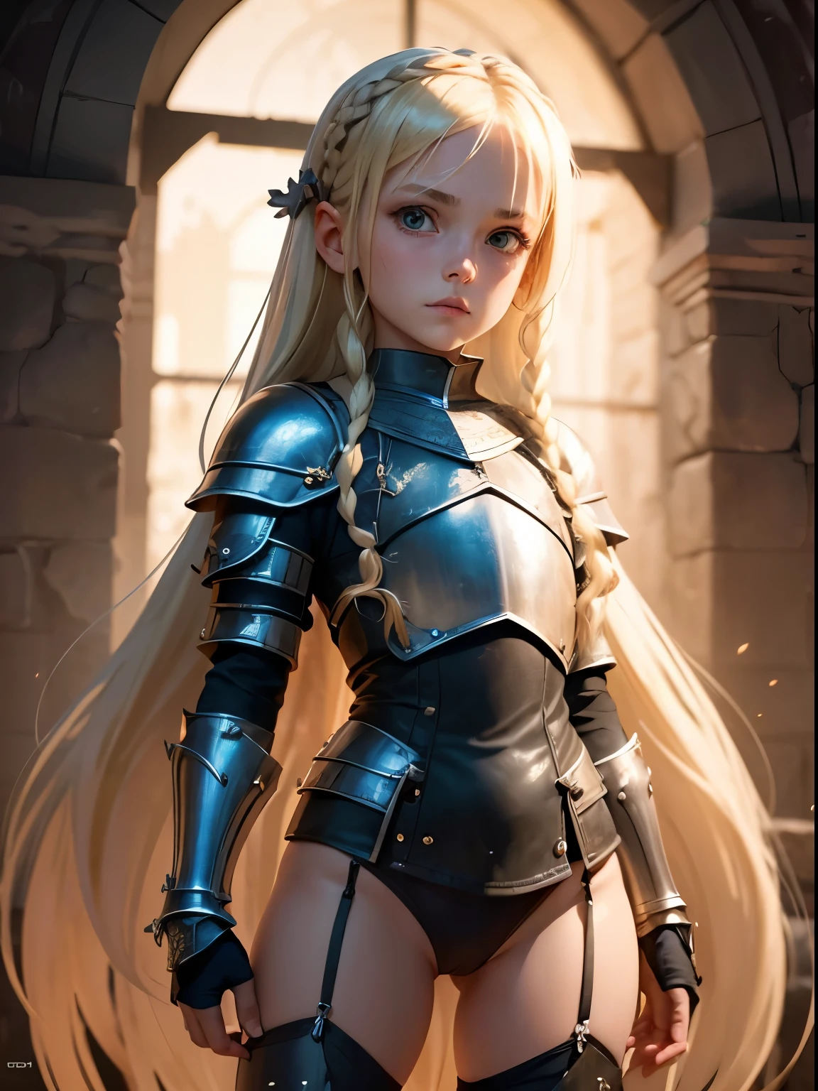 Ultra realistic   girl 8 years old,    body  , long blonde hair frinje braided , knight armour medieval ,  seios  planos  , pantie , garterbelt  meias  longas , menacing  face , sexy  ,  dungeon  .