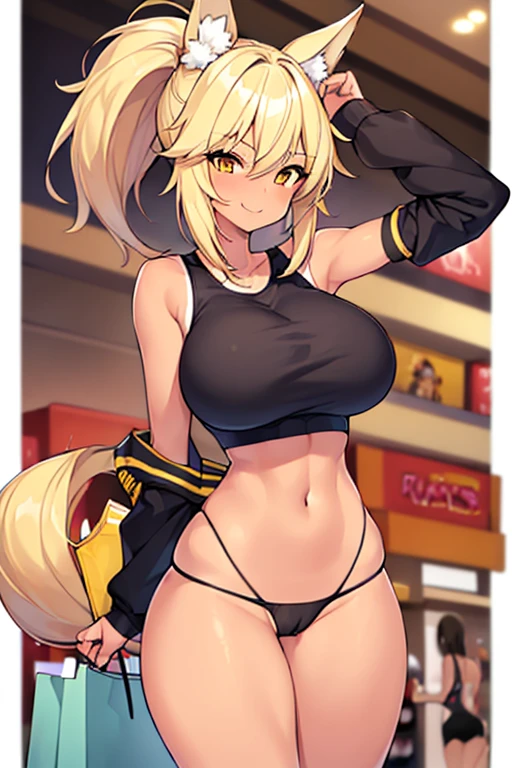 1girl, blonde hair, ponytail, wolf ears, tan skin, tan, highleg panties, panties, micro panties, cameltoe, sports bra, black sports bra, ((mall)), mall, ((shopping)), shopping, bare legs, no pants, yellow eyes, huge breasts, thick thighs, wide hips, smile, happy, shopping bag