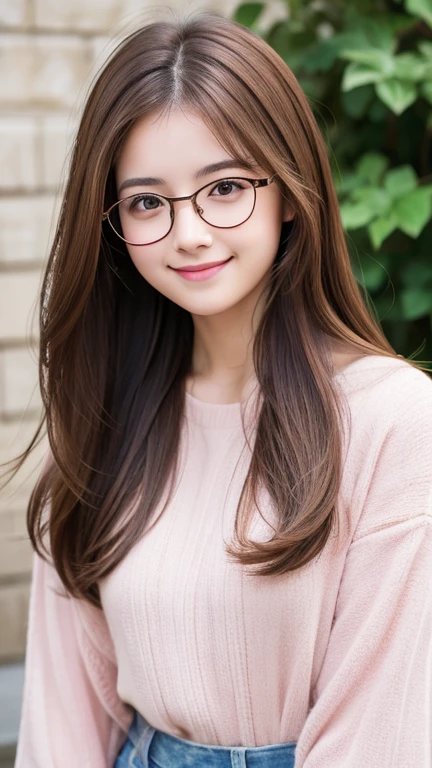 Brown Hair,Medium Hair,20-year-old female,  With the correct face, Cute natural smile, Japanese facial features, A clean and cute face, Realistic portraits, 8K Photo, Soft Makeup,Natural skin texture,Raw photo,highest quality,Full Body Shot,Pink clothes,Glasses