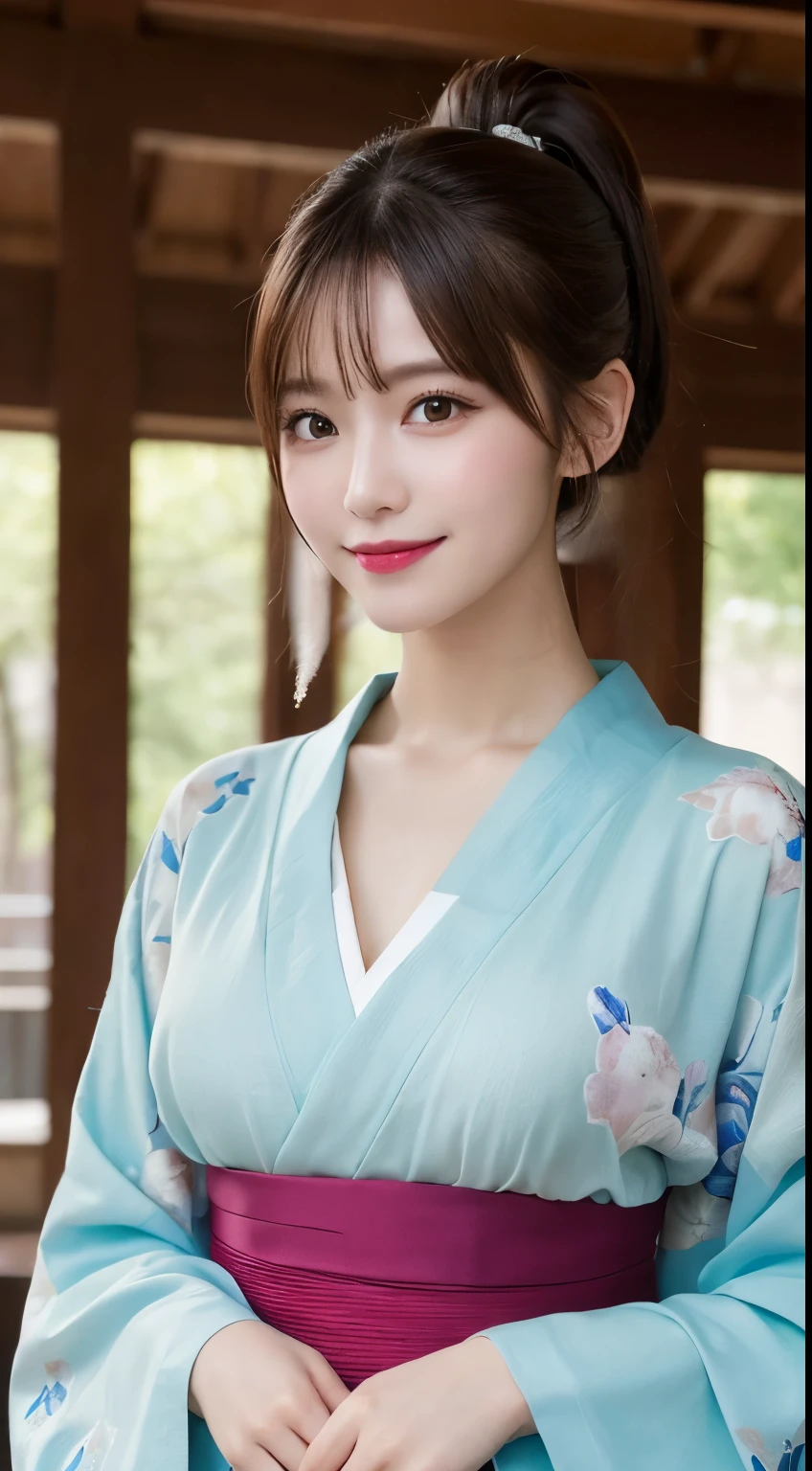 whole body, highest quality, figure, Very detailed, In detail, High resolution, 8k wallpaper, Perfect dynamic composition, Beautiful fine details, kimono,Ponytail Hair, Center of chest, Natural color lip, Random sexy poses,smile,shrine，Flower Hair Ornaments，looking at the camera，