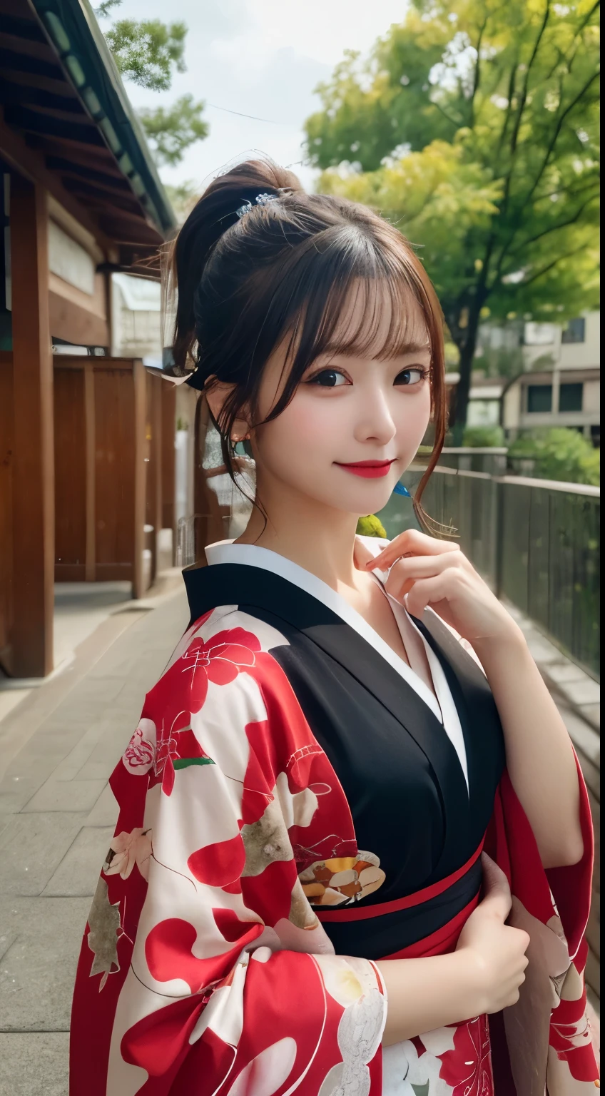 whole body, highest quality, figure, Very detailed, In detail, High resolution, 8k wallpaper, Perfect dynamic composition, Beautiful fine details, kimono,Ponytail Hair, Center of chest, Natural color lip, Random sexy poses,smile,shrine，Flower Hair Ornaments，looking at the camera，
