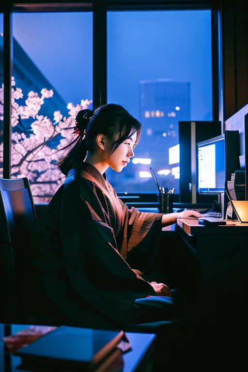 a modern samurai sitting in front of a computer, performing financial operations, (best quality, 4k, high-res), ultra-detailed, (realistic:1.37), traditional Japanese katana, sleek black computer with RGB lighting, futuristic cyberpunk aesthetic, intense concentration, digital numbers scrolling on the computer screen, financial charts and graphs displayed on the screen, the samurai wearing a mix of traditional and modern clothing, modern office environment with sleek furniture and cool blue lighting, glass skyscrapers in the background reflecting the city lights, cherry blossom tree outside the window, a cup of green tea on the desk, the samurai's face showing determination and focus