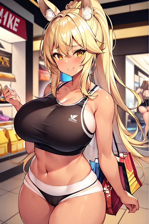 1girl, blonde hair, ponytail, wolf ears, tan skin, tan, highleg panties, panties, micro panties, cameltoe, sports bra, black sports bra, ((mall)), mall, ((shopping)), shopping, bare legs, no pants, yellow eyes, huge breasts, thick thighs, wide hips, smile, happy, shopping bag