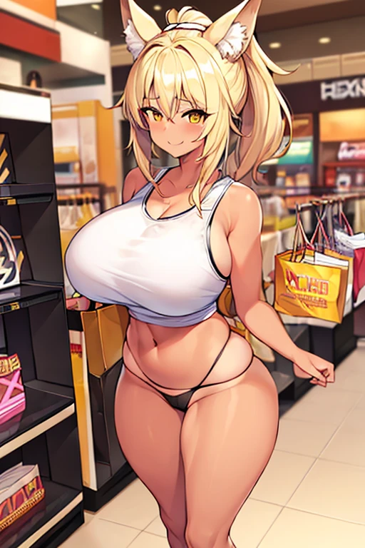 1girl, blonde hair, ponytail, wolf ears, tan skin, tan, highleg panties, panties, micro panties, cameltoe, sports bra, black sports bra, ((mall)), mall, ((shopping)), shopping, bare legs, no pants, yellow eyes, huge breasts, thick thighs, wide hips, smile, happy, shopping bag
