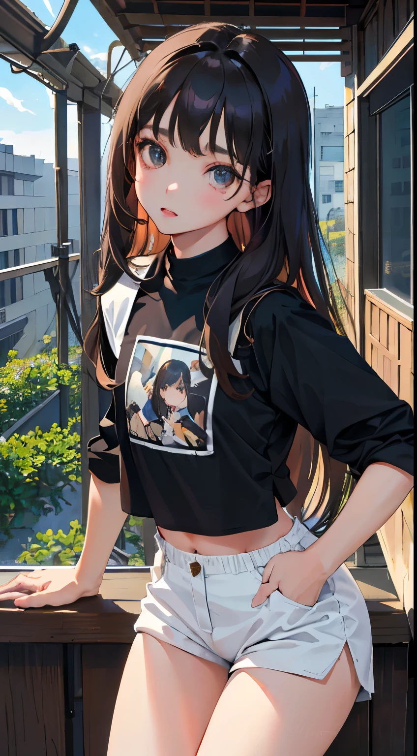 Overlooking，highest quality，Beautiful face in every detail，cute，Dark brown eyes，(背の低いcute女の子， young studeg delicate girl）,（masterpiece，Top quality)，Black Hair，Sleepy expression，Crop Top Look，Black Shirt，White shorts