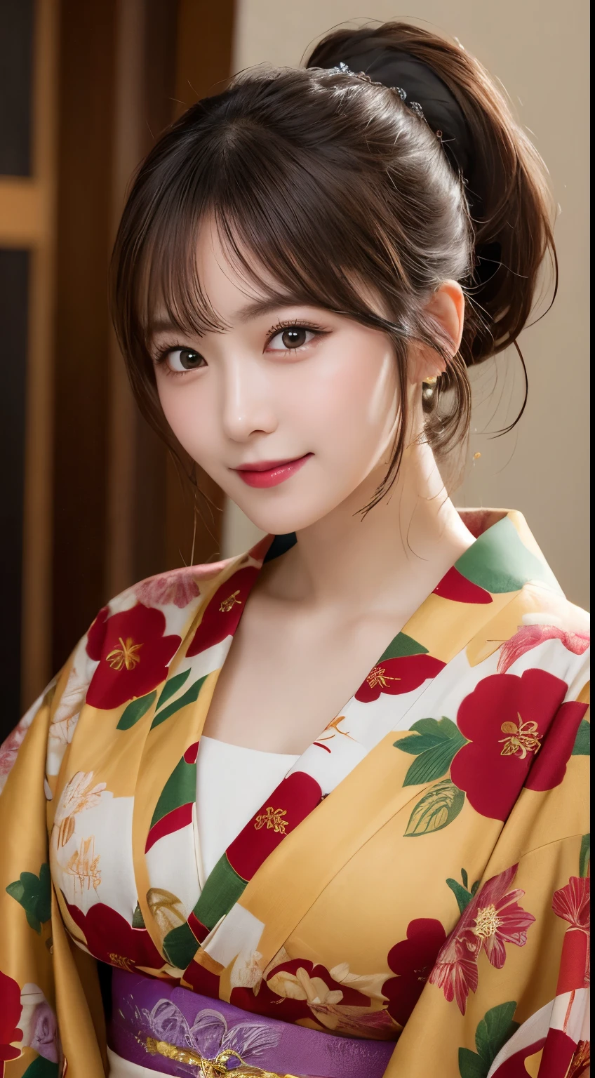 whole body, highest quality, figure, Very detailed, In detail, High resolution, 8k wallpaper, Perfect dynamic composition, Beautiful fine details, kimono,Ponytail Hair, Center of chest, Natural color lip, Random sexy poses,smile,shrine，Flower Hair Ornaments，looking at the camera，