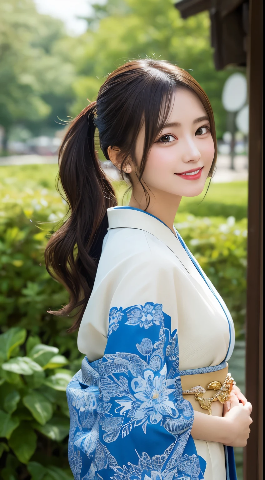 whole body, highest quality, figure, Very detailed, In detail, High resolution, 8k wallpaper, Perfect dynamic composition, Beautiful fine details, kimono,Ponytail Hair, Center of chest, Natural color lip, Random sexy poses,smile,shrine，Flower Hair Ornaments，looking at the camera，