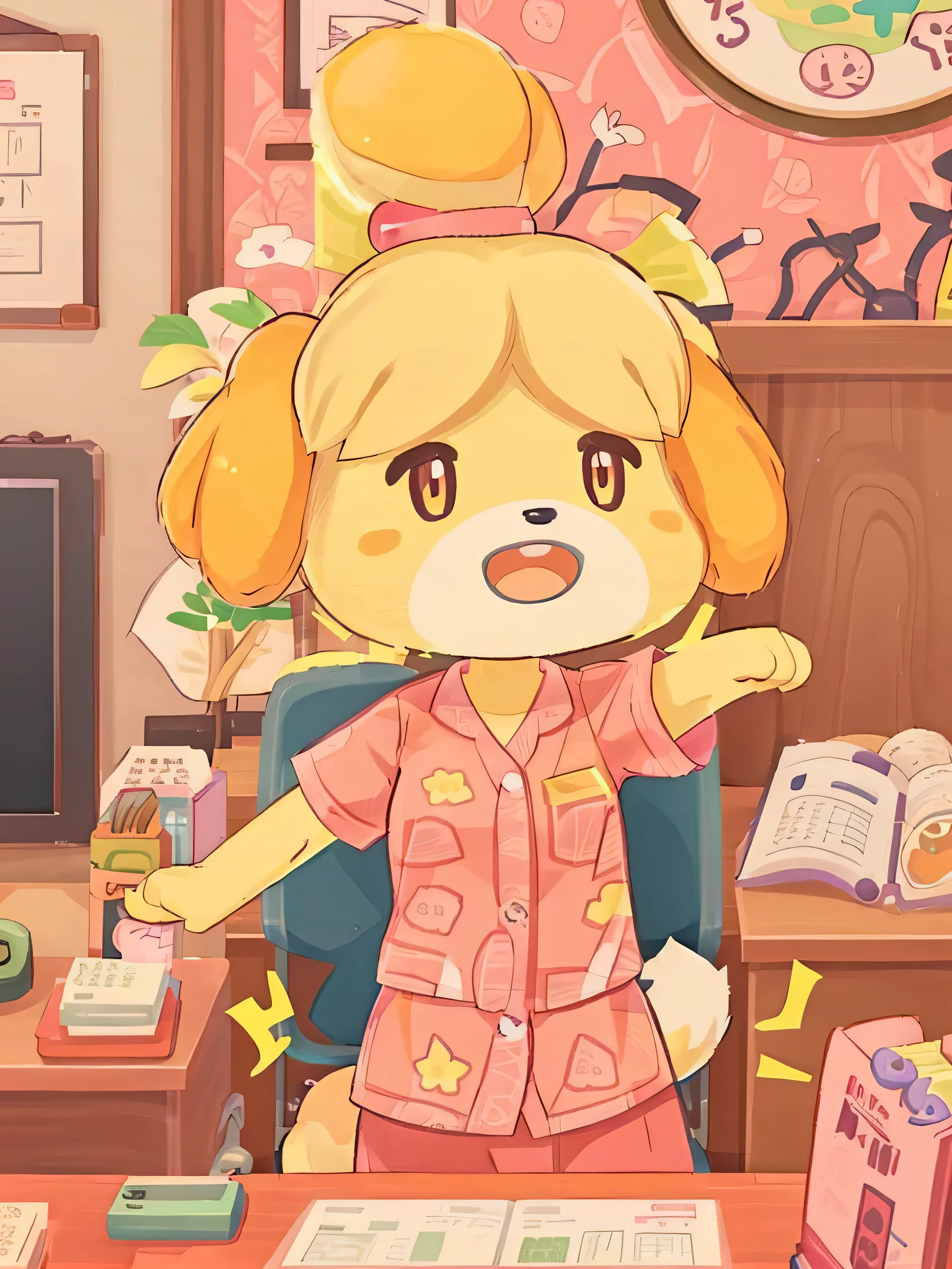 isabelle \(animal crossing\), 1girl, open mouth, solo, animal ears, furry, microphone, dog girl, chair, furry female, pink shirt, topknot, dog ears, indoors, upper body, 3D, game screen shot,  