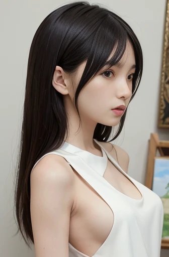 best quality, detailed, beautiful, insanely detailed, absurdres,perfect anatomy,
Japanese female,black hair,27 years old,
(slender),
(small breasts best quality),
art gallery, serious look, walking, white dress, with a painting