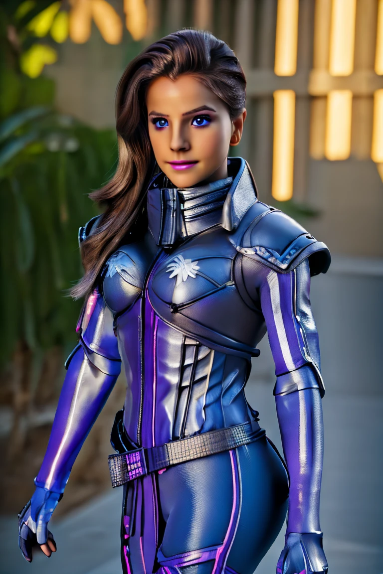 sombra TRON costume sexy clothes transparent. professionally retouched, soft lighting, realistic, smooth face, perfect eyes, sharp focus on eyes, 8 k, high definition, insanely detailed, intricate, elegant. in a natural background.female_service_cap brown_eyes _facial_mark white_gloves sombra
