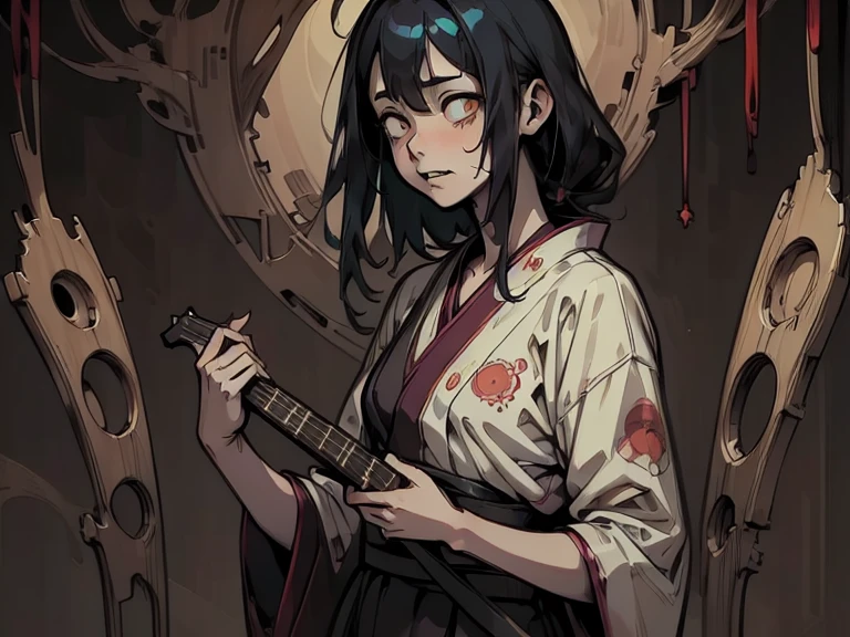 ((girl playing the guitar vigorously)), Manga style, rough sketch, , (masterpiece), (High resolution), (Very delicate), (clear), Comic style illustration,(Horror elements), Japanese painting illustration, whole body,(snap shot),crazy illustration, antique, Dark atmosphere, Flat Illustration, Creepy Appearance, Mr.々Colored hair, creative accessories, Unique atmosphere