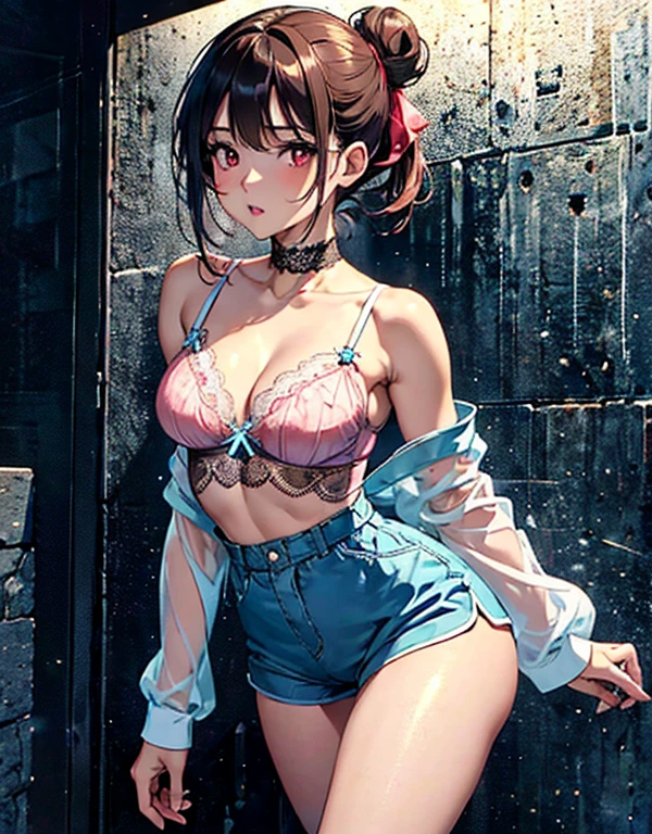 ((best quality)) ((best quality)), ((masterpiece)), (detailed), 4k image, anime style, beautiful woman, brown skin, symmetrical face, cherry pink plump lips, blood red eyes, African looks, fit athletic body, supple thighs, small breasts, toned body, slim waist, short height, sleek hair tied in a messy bun, sleek silver-colored hair, wide hips, phoenix eyes, small nose, heart-shaped butt, baby blue lace pajama cbralette, sheer baby blue lace lingerie shorts, one girl only, full body image, back to the wall, one girl only, brown skin, hip-level shot