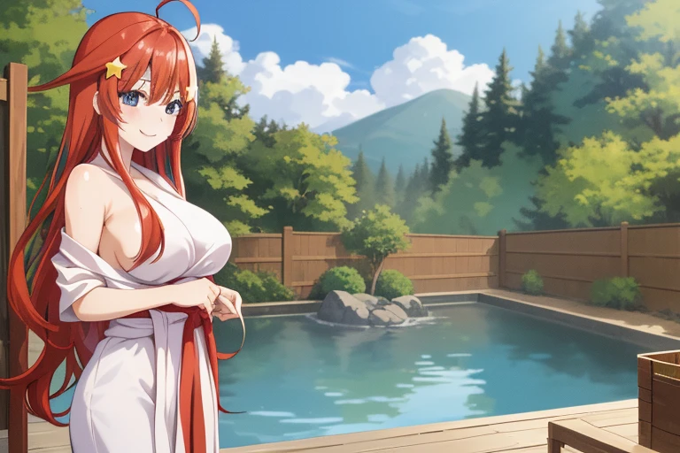 2d, masterpiece, best quality, anime, highly detailed, 5 girl, photo of 5 girl, quintuplets, nakano itsuki, red hair, long hair, star hair ornament, ahoge, large breasts, standing, onsen, open white yukata, outdoors, smile, talking among them, looking among them