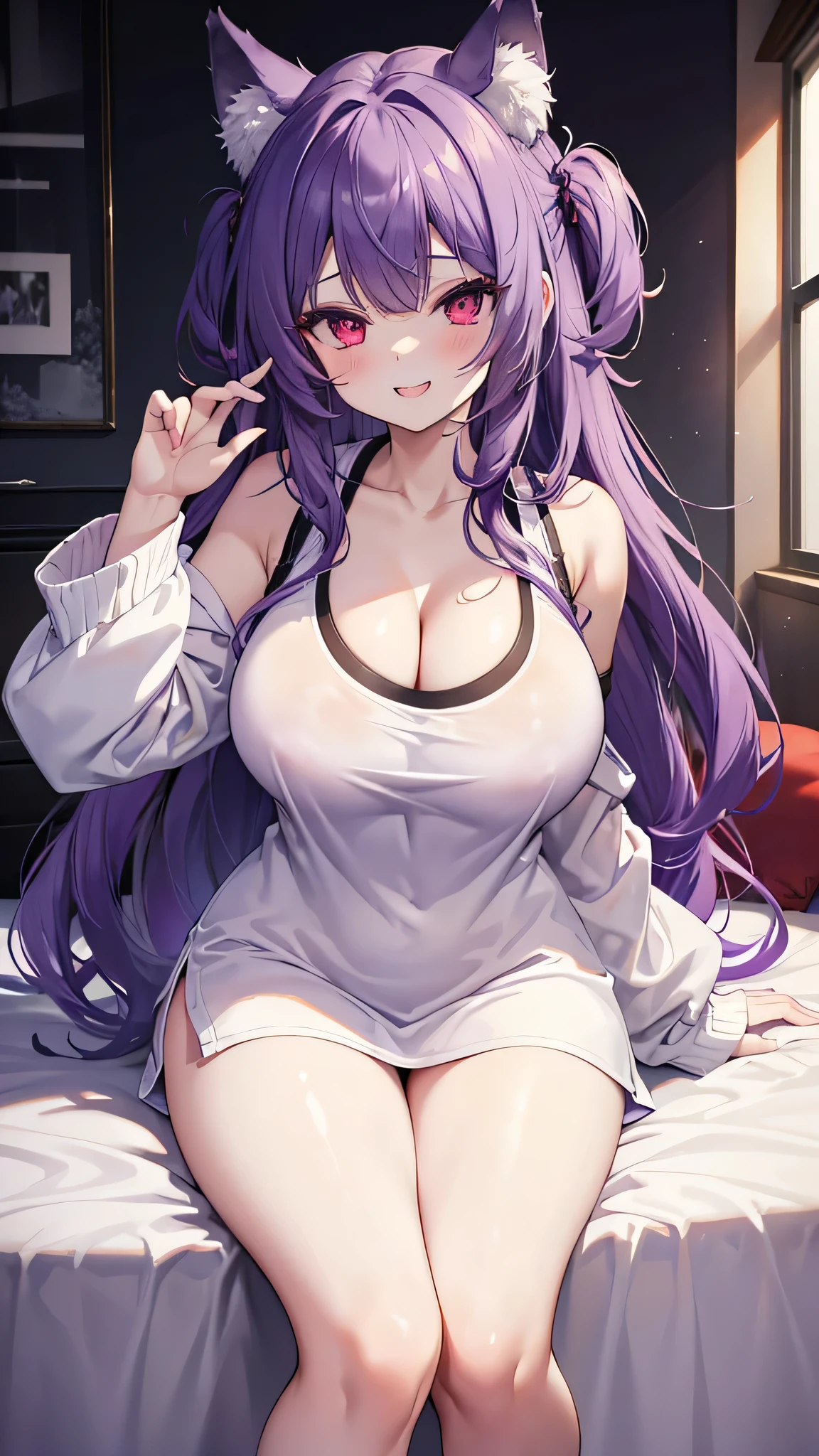Wolf Girl, Large Breasts, Voluminous, messy purple hair, masterpiece , Red eyes, hd, Head to Chest, Put in your chest、 tooth、Double teeth,, On the bed、Thick thighs、Grinning、White sleeveless sweater、Earpick