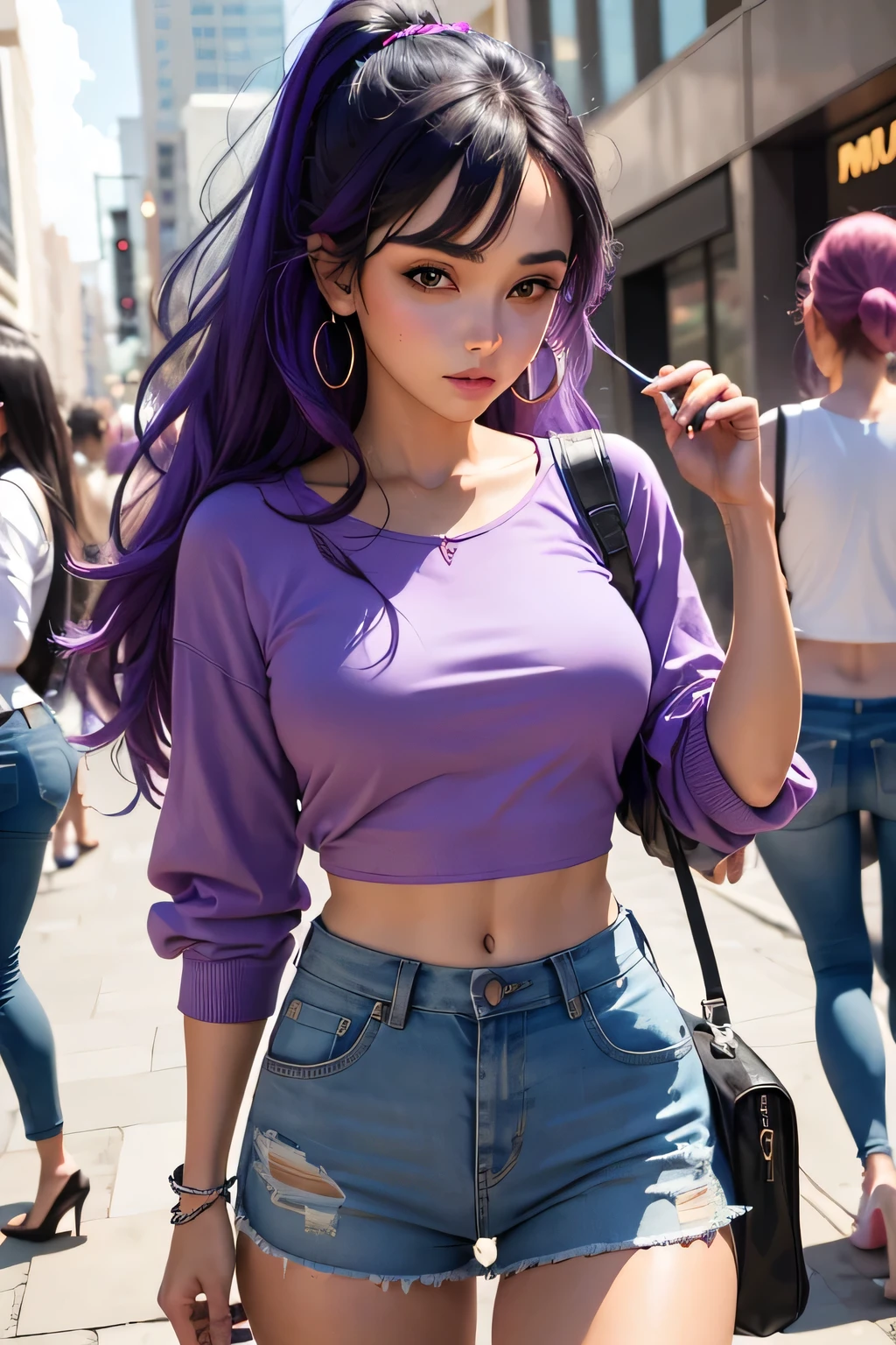 Un grupo de 1 chicas modernas con diferentes atuendos.: (mejor calidad, vivid colors, realista)
- 1 girl with a crop top and jean pants.,
- El fondo tiene un vibrante color violeta y lavanda..
- The girls' outfits are colorful and eye-catching..