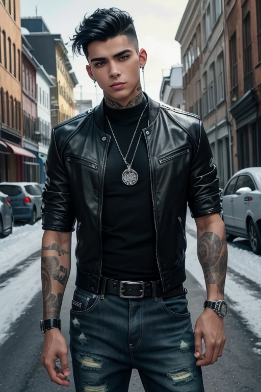 Victor González 20-year-old boy with open black jacket, blue t-shirt with snow print, short black hair, punk style, yellow locks, black jeans, green eyes, black leather belt, silver buckle, slim muscular build, cross medallion, silver bracelet, looking straight at the viewer