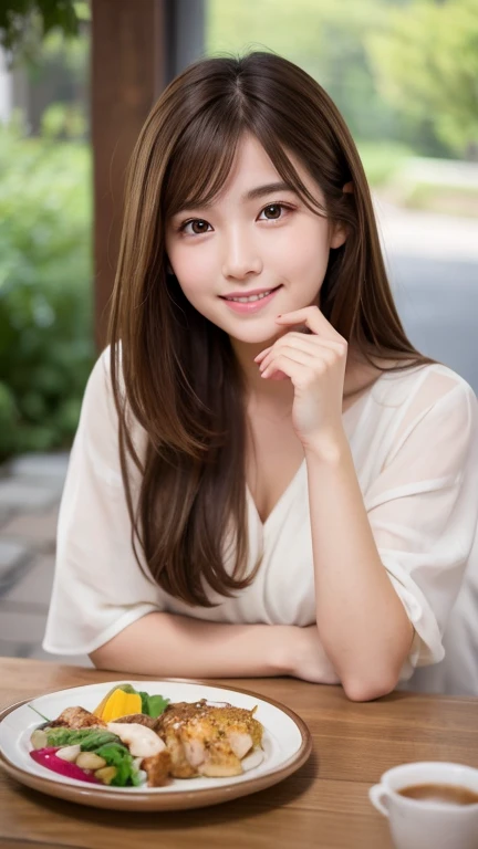 Brown Hair,Medium Hair,20-year-old female,  With the correct face, Cute natural smile, Japanese facial features, A clean and cute face, Realistic portraits, 8K Photo, Soft Makeup,Natural skin texture,Raw photo,highest quality,Full Body Shot,Enjoy dinner