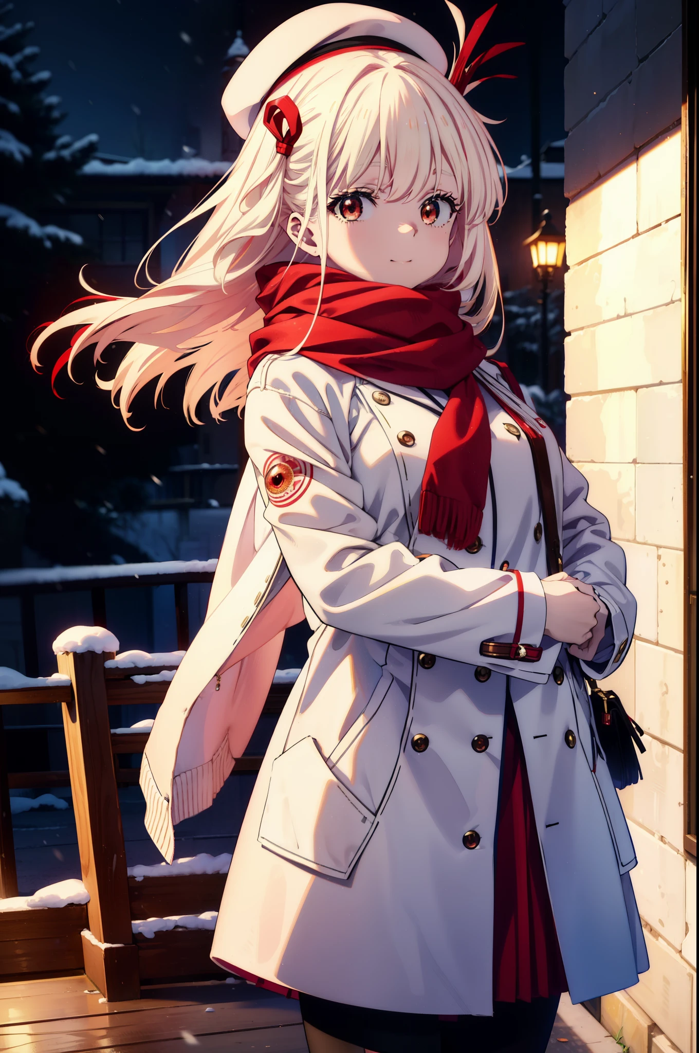 chisatonishikigi, nishikigi chisato,Long Hair , bangs, blonde, (Red eyes:1.5),happy smile, smile, Open your mouth,White knit hat,White Coat,Red Scarf,White Sweater,Hands in coat pockets,Long skirt,Black pantyhose,short boots,Shirogane World,Snow is piling up,it's snowing,it's snowing,winter,Cold Sky,morning,morning陽,The sun is rising,
break looking at viewer, whole body, Upper Body,(Cowboy Shot:1. 5)
break outdoors, c that y,Building Street,
break (masterpiece:1.2), highest qualそれy, High resolution, unそれy 8k wallpaper, (shape:0.8), (Beautiful and beautiful eyes:1.6), Highly detailed face, Perfect lighting, Extremely detailed CG, (Perfect hands, Perfect Anatomy),