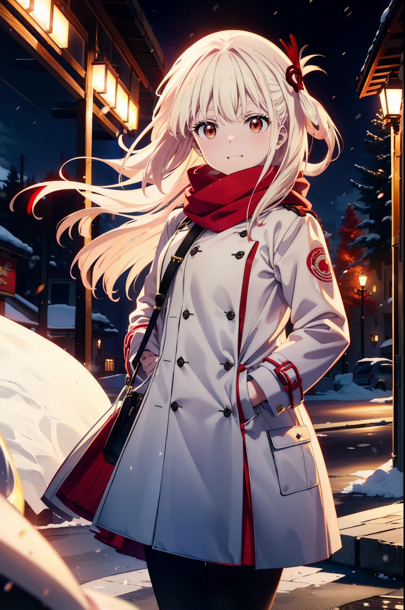 chisatonishikigi, nishikigi chisato,Long Hair , bangs, blonde, (Red eyes:1.5),happy smile, smile, Open your mouth,White knit hat,White Coat,Red Scarf,White Sweater,Hands in coat pockets,Long skirt,Black pantyhose,short boots,Shirogane World,Snow is piling up,it&#39;s snowing,it&#39;s snowing,winter,Cold Sky,morning,morning陽,The sun is rising,
break looking at viewer, whole body, Upper Body,(Cowboy Shot:1. 5)
break outdoors, c that y,Building Street,
break (masterpiece:1.2), highest qualそれy, High resolution, unそれy 8k wallpaper, (shape:0.8), (Beautiful and beautiful eyes:1.6), Highly detailed face, Perfect lighting, Extremely detailed CG, (Perfect hands, Perfect Anatomy),