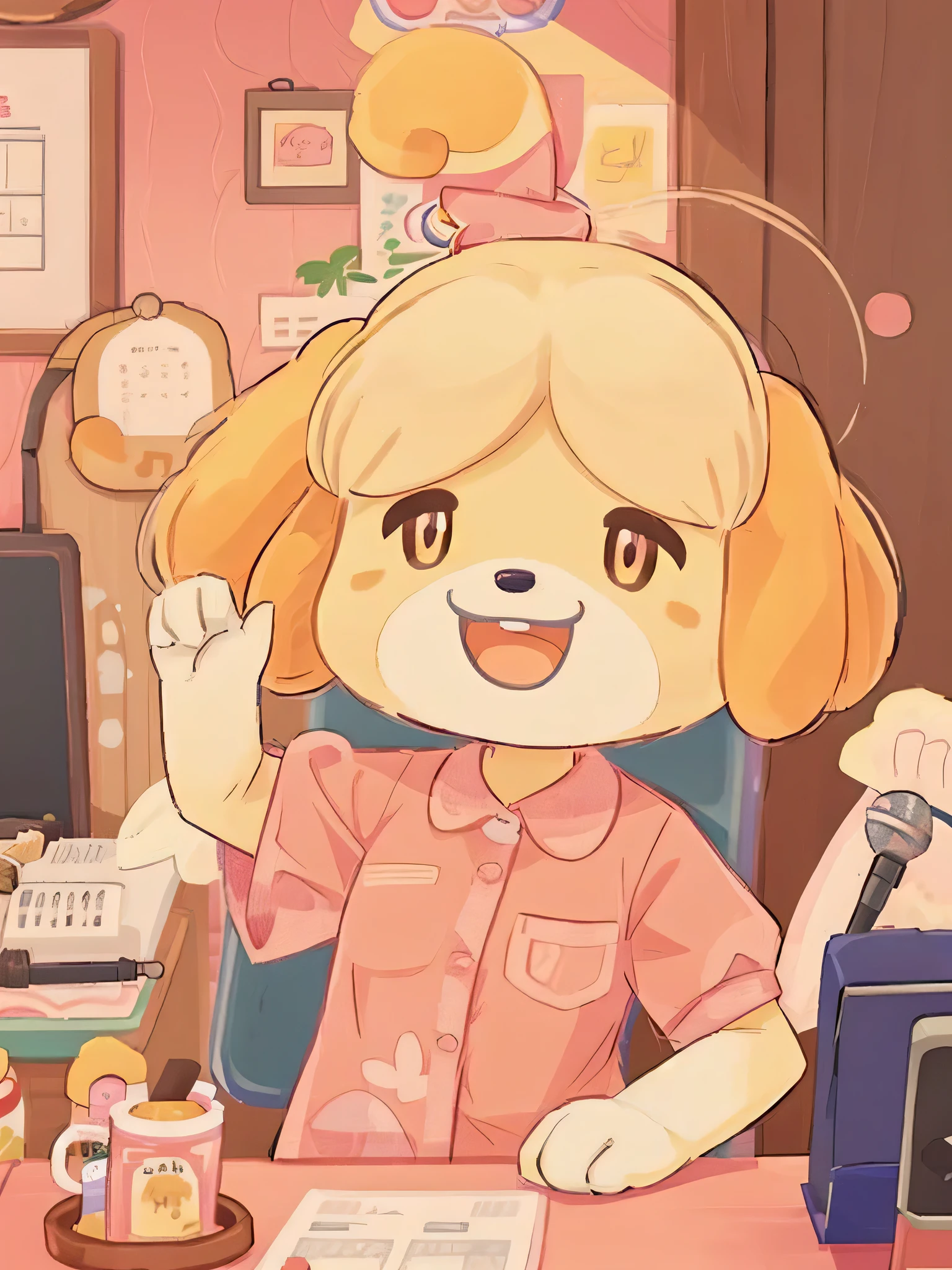 isabelle \(animal crossing\), 1girl, open mouth, solo, animal ears, furry, microphone, dog girl, chair, furry female, pink shirt, topknot, dog ears, indoors, upper body, 3D, game screen shot,  