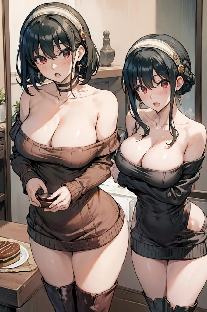 masterpiece, yor, 1girl, Amazing Cleavage:1.3, thin waist, big ass, Raised sexy, medium breast: 1.3 posed cleavage:1.2、solo, looking at viewer, open mouth, have a cup of coffee,black hair, red eyes, dress, bare shoulders, jewelry, collarbone, sidelocks, hairband, earrings, indoors, off shoulder, :o, sweater, arms behind back, plant, short hair with long locks, white hairband, off-shoulder dress, sweater dress, off-shoulder sweater, red sweater, big side hair, very long side hair,is rendered in (masterpiece: 1.2, best quality), with (ultra high resolution) and an exquisite (depth of field). This masterpiece is not only visually stunning but also tells, make of cooking some cakes ,in the kitchen,open mouth smile((leather thigh high boots))(garter belt),((black hair)),blush、surprised face,