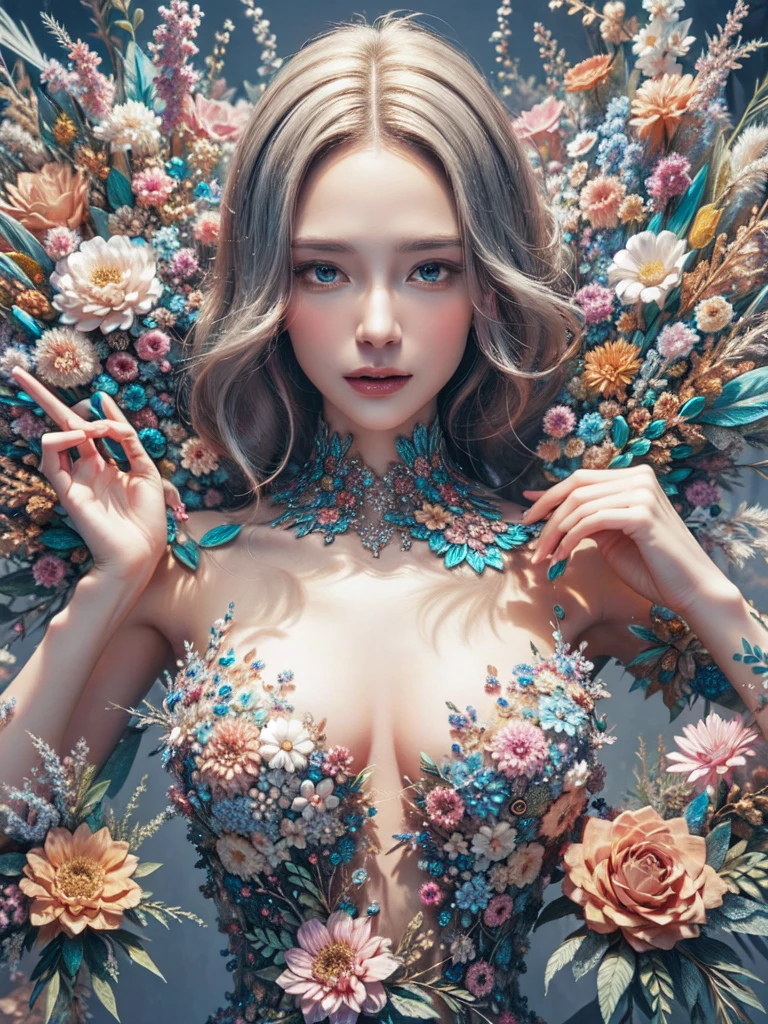 (((8k)),(highest quality color photo of a mysterious beautiful woman in floral clothing,Haute couture fashion shoot:1.2),(Very delicate and beautiful work:1.2), (Fractal Art:1.3),Sexy pose,Put your hands up,Dynamic fashion pose, Art Nouveau, focus on Art Nouveau suit, Floral Couture, Luxury Fashion,(She is the epitome of beauty and charm., Her clothes are as soft and light as air., Elegant, colorful and sophisticated fashion),(Gradient silver hair,Shiny Hair,innovative hairstyle:1.2), Detailed face, View your viewers, Fine grain, Iris, Glossy Lips,A gentle yet sensual look,((Beautiful, voluptuous D-cup breasts)),High color saturation, Surrealism , (((highest quality, masterpiece, Super detailed, Ultra-high resolution))),(Realistic, RAW Photos, Absurd, The absolute solution:1.4),brake, Divine Light, With neon lights,Colorful crystal background,Simple Background,